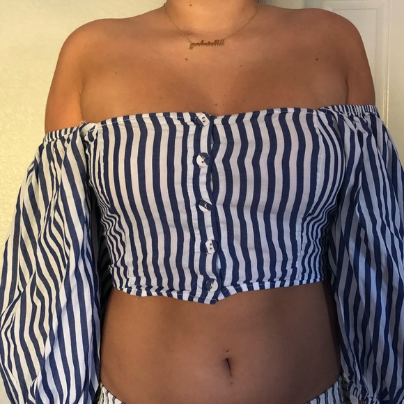 off the shoulder blue & white stripped - Picture 1 of 3